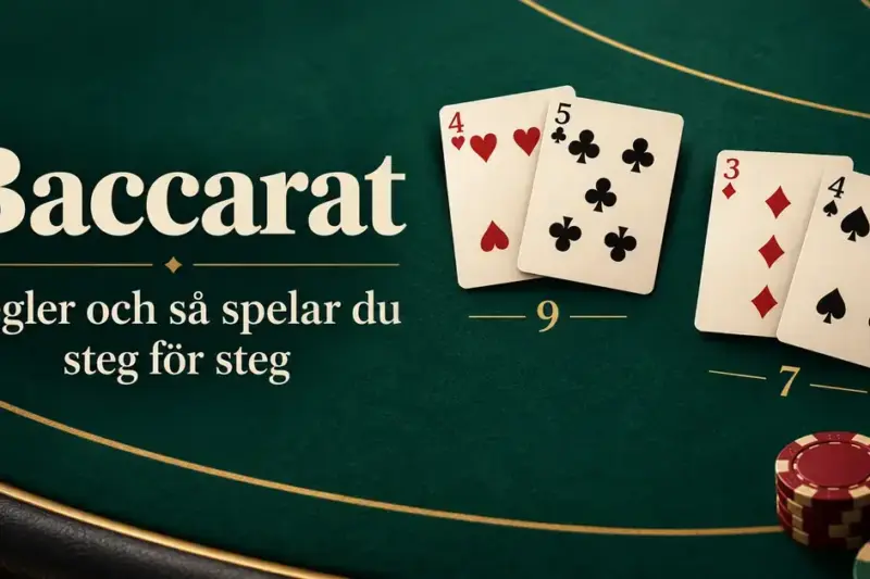 Två händer med nio respektive sju poäng och spelmarker på ett grönt baccaratbord intill texten ”Baccarat – Regler och så spelar du steg för steg”.