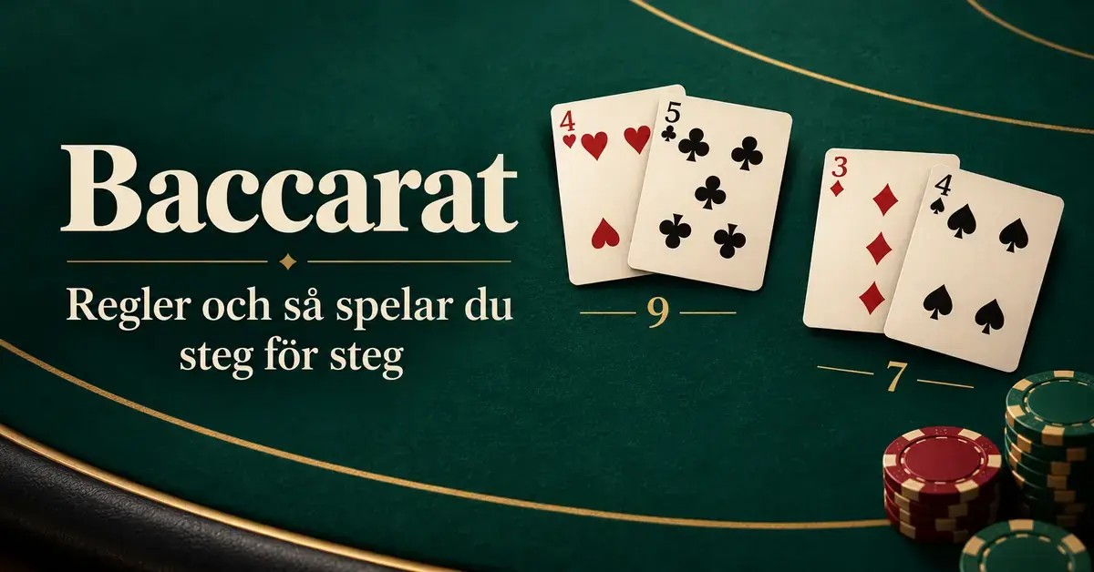 Två händer med nio respektive sju poäng och spelmarker på ett grönt baccaratbord intill texten ”Baccarat – Regler och så spelar du steg för steg”.