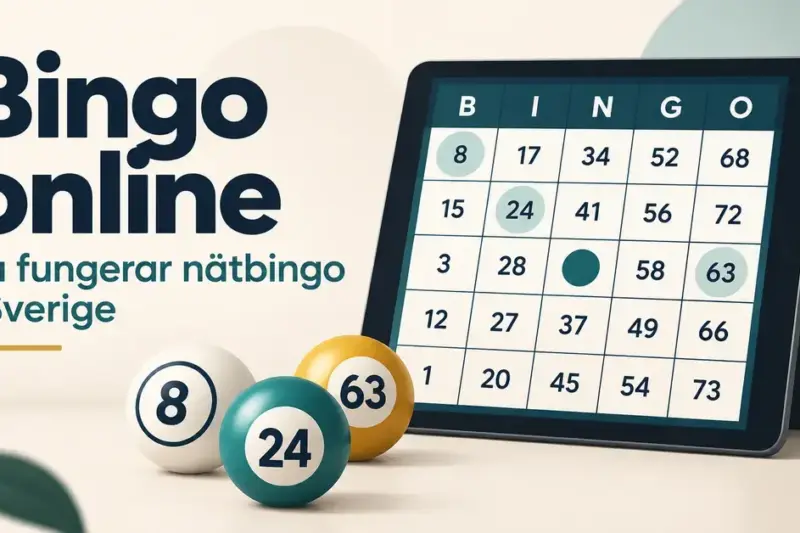 Illustration av en surfplatta med en digital bingobricka och tre numrerade bingobollar intill texten ”Bingo online – Så fungerar nätbingo i Sverige”.