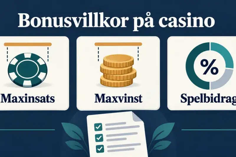 Grafik om bonusvillkor på casino med symboler för maxinsats, maxvinst och spelbidrag samt en checklista.