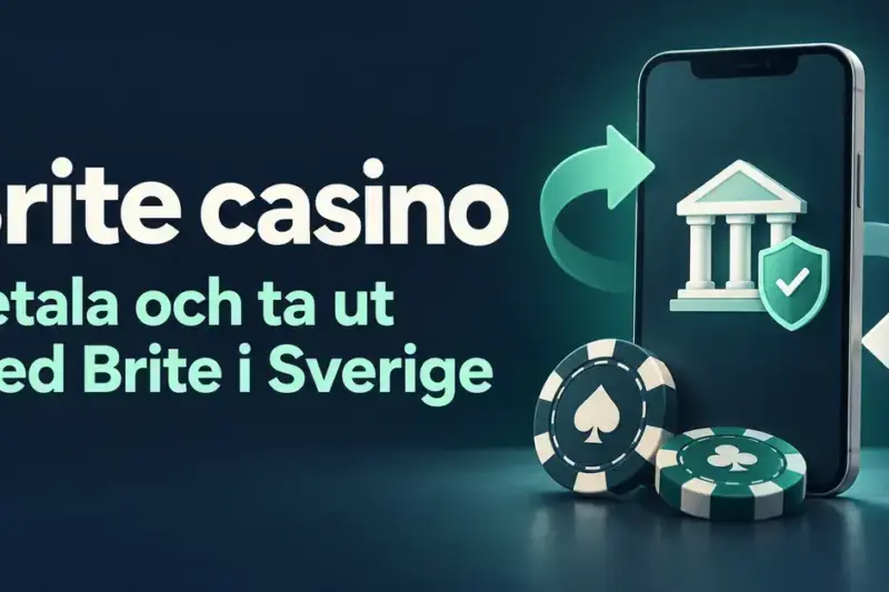 Illustration av en mobil med banksymbol, säkerhetssköld, betalningspilar och spelmarker intill texten ”Brite casino – Betala och ta ut med Brite i Sverige”.