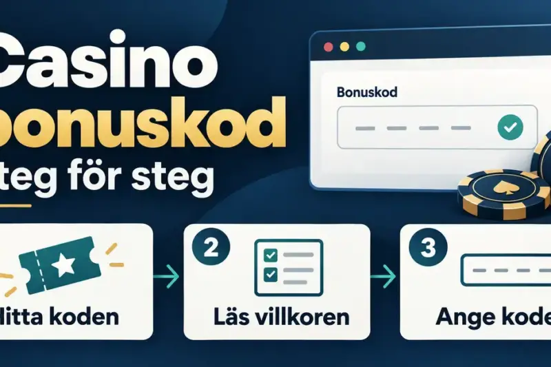 Illustration som visar hur du använder en casino bonuskod i tre steg: hitta koden, läs villkoren och ange koden.