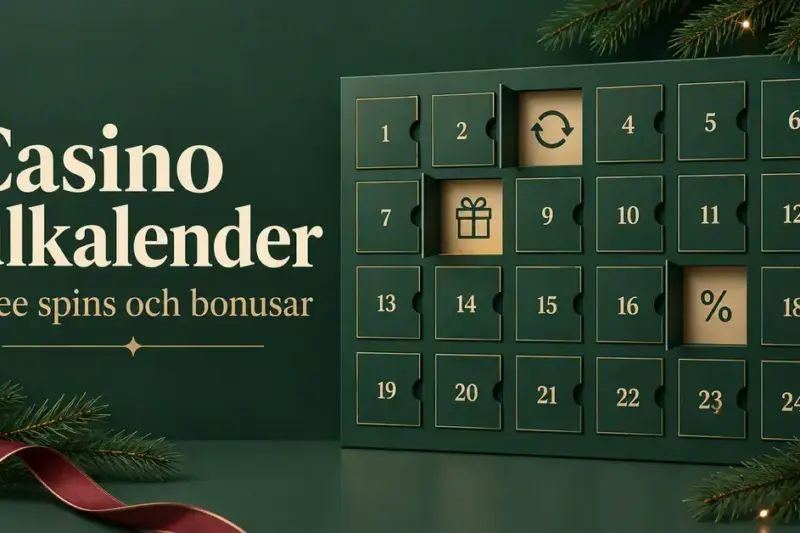 Grön adventskalender med numrerade luckor, symboler för free spins, bonusar och presenter samt texten ”Casino julkalender – Free spins och bonusar”.