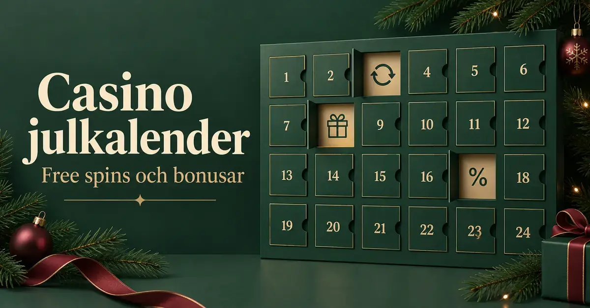 Grön adventskalender med numrerade luckor, symboler för free spins, bonusar och presenter samt texten ”Casino julkalender – Free spins och bonusar”.