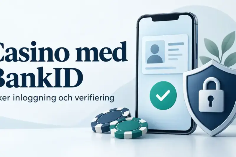 Illustration av en mobiltelefon med digital identitet och verifieringssymbol, en sköld med hänglås och två spelmarker intill texten ”Casino med BankID – Säker inloggning och verifiering”.
