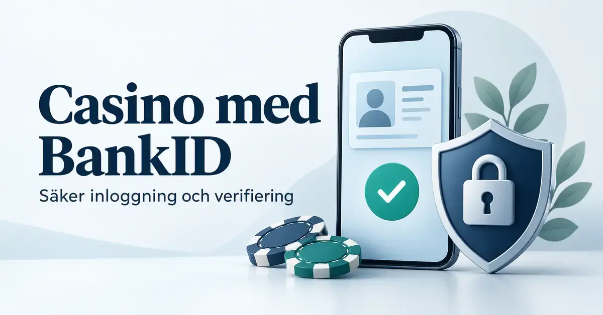 Illustration av en mobiltelefon med digital identitet och verifieringssymbol, en sköld med hänglås och två spelmarker intill texten ”Casino med BankID – Säker inloggning och verifiering”.