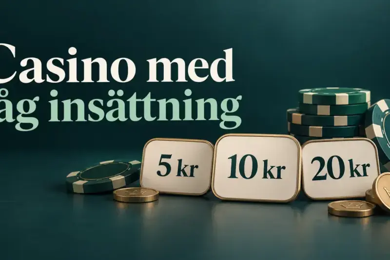 Illustration av kasinomarker och mynt med beloppen 5, 10 och 20 kronor samt texten ”Casino med låg insättning” mot en mörkgrön bakgrund.