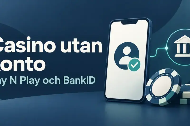 Illustration av en mobil med verifierad identitet, en banksymbol och spelmarker intill texten ”Casino utan konto – Pay N Play och BankID”.