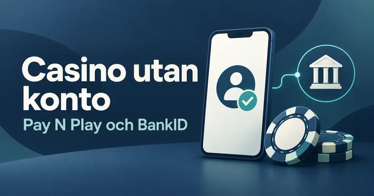 Illustration av en mobil med verifierad identitet, en banksymbol och spelmarker intill texten ”Casino utan konto – Pay N Play och BankID”.