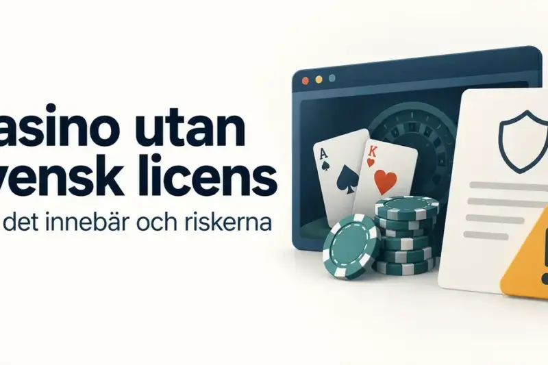 Illustration av ett nätcasino med spelkort, spelmarker och en varningssymbol intill ett dokument samt texten ”Casino utan svensk licens – Vad det innebär och riskerna”.