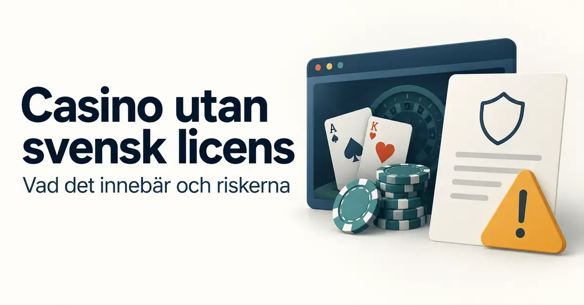 Illustration av ett nätcasino med spelkort, spelmarker och en varningssymbol intill ett dokument samt texten ”Casino utan svensk licens – Vad det innebär och riskerna”.