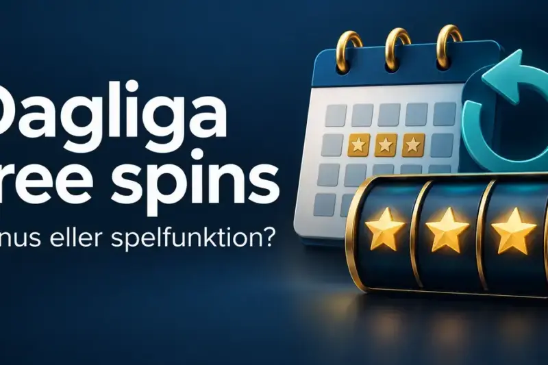 En kalender med en cirkelformad pil och spelhjul med guldstjärnor bredvid texten ”Dagliga free spins – Bonus eller spelfunktion?”.