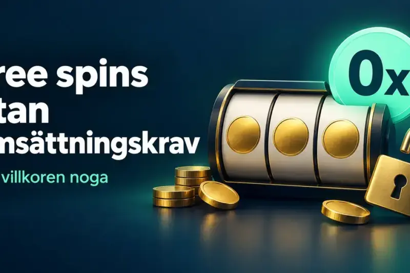 Illustration av spelhjul, guldmynt och ett öppet hänglås intill texten ”Free spins utan omsättningskrav”, en 0x-symbol och uppmaningen ”Läs villkoren noga”.