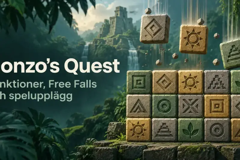 Illustration av fallande stenblock med geometriska symboler framför ett tempel i djungeln, med texten Gonzo’s Quest – Funktioner, Free Falls och spelupplägg.