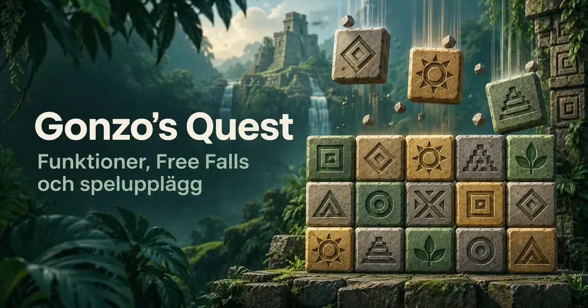 Illustration av fallande stenblock med geometriska symboler framför ett tempel i djungeln, med texten Gonzo’s Quest – Funktioner, Free Falls och spelupplägg.