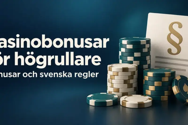 Illustration av kasinomarker och ett dokument med paragraftecken intill texten ”Casinobonusar för högrullare – Bonusar och svenska regler”.