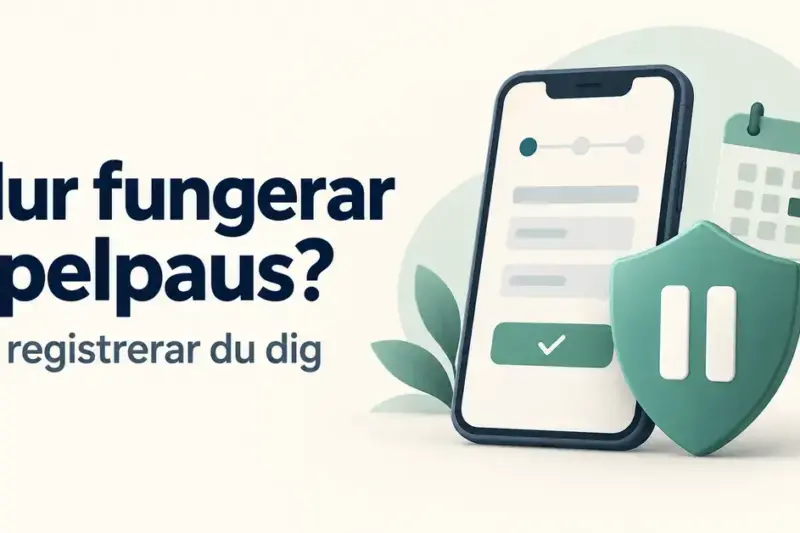 Illustration av en mobiltelefon, en kalender och en skyddssköld med paussymbol bredvid texten ”Hur fungerar Spelpaus? Så registrerar du dig”.