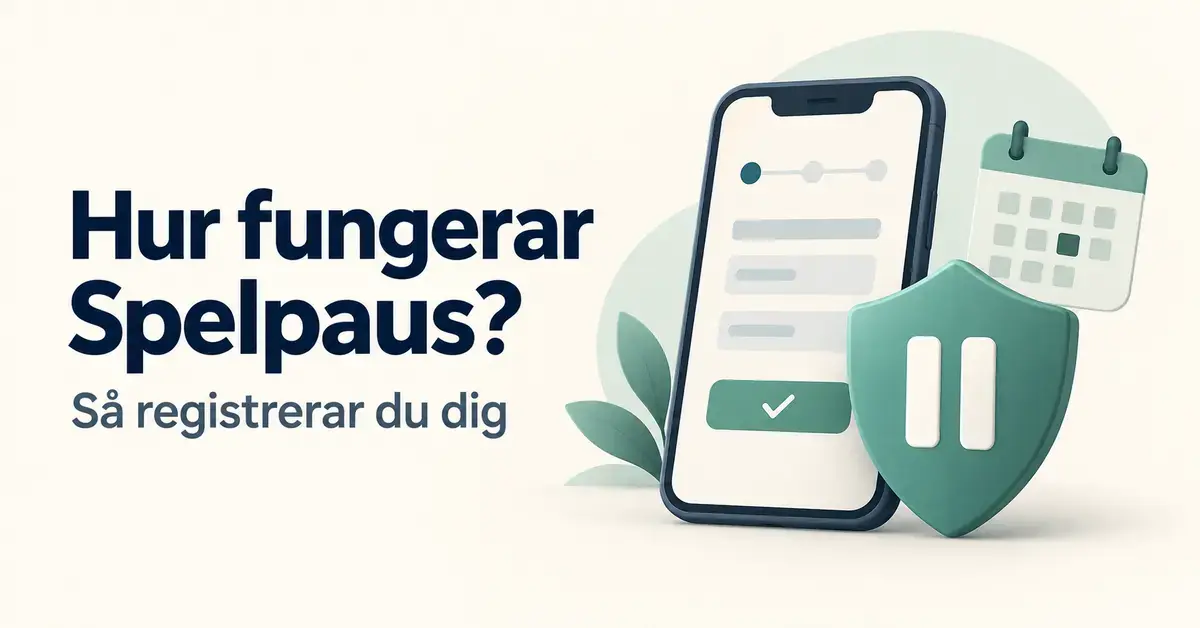 Illustration av en mobiltelefon, en kalender och en skyddssköld med paussymbol bredvid texten ”Hur fungerar Spelpaus? Så registrerar du dig”.