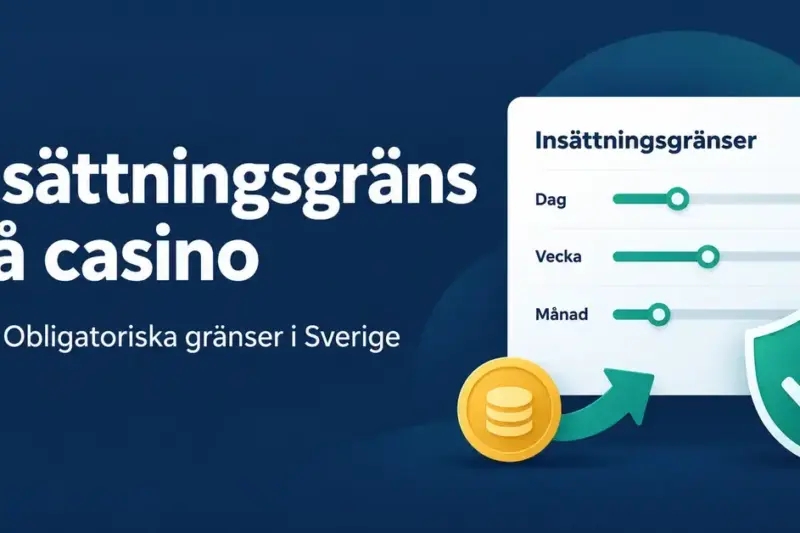 Illustration av insättningsgränser på casino med reglage för dag, vecka och månad samt en sköld som symboliserar konsumentskydd i Sverige.