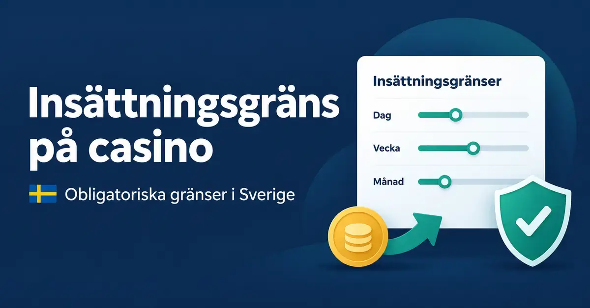 Illustration av insättningsgränser på casino med reglage för dag, vecka och månad samt en sköld som symboliserar konsumentskydd i Sverige.