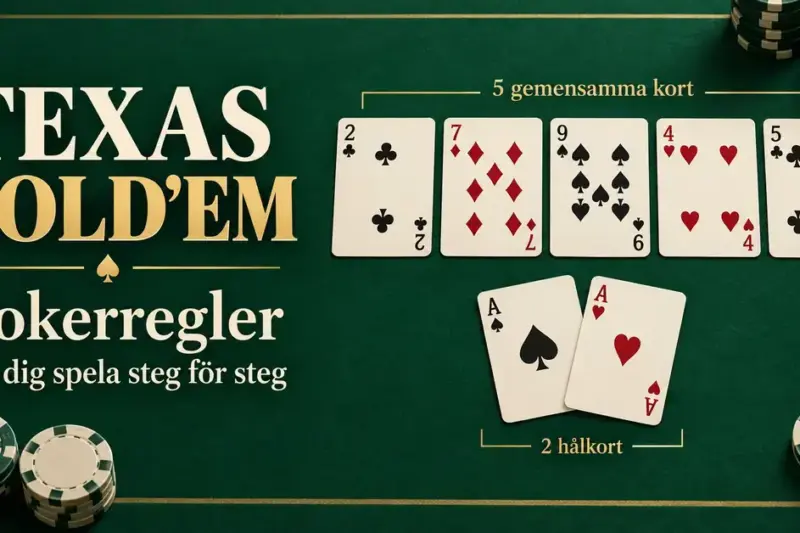 Illustration av Texas Hold’em med två hålkort, fem gemensamma kort och pokermarker på ett grönt bord samt texten ”Pokerregler – lär dig spela steg för steg”.