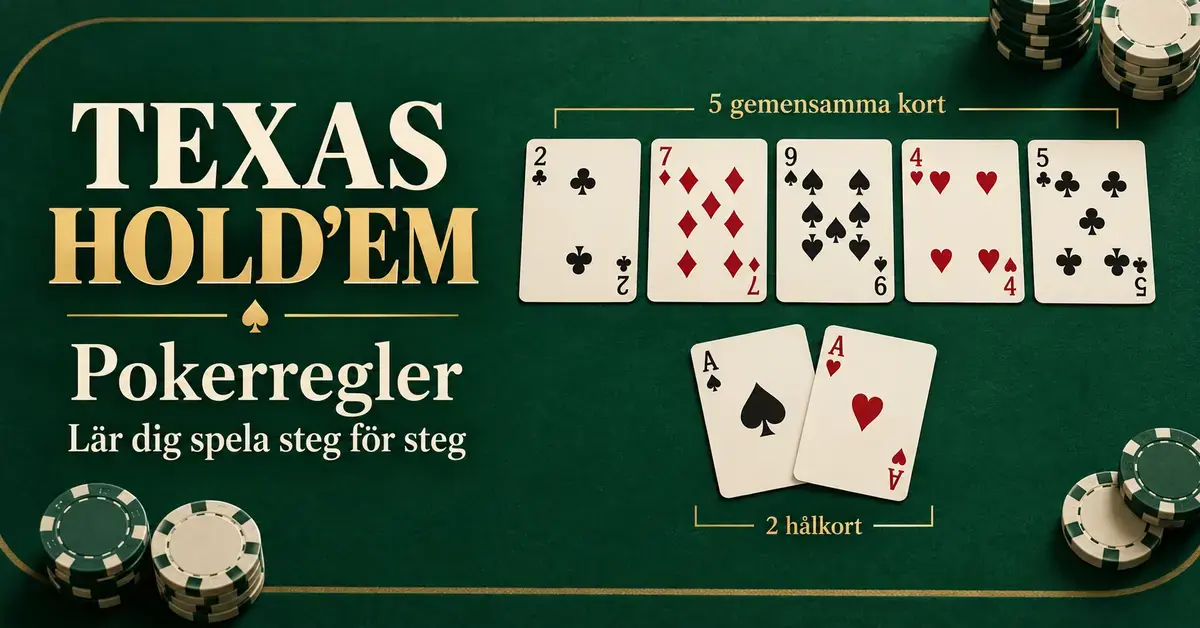 Illustration av Texas Hold’em med två hålkort, fem gemensamma kort och pokermarker på ett grönt bord samt texten ”Pokerregler – lär dig spela steg för steg”.