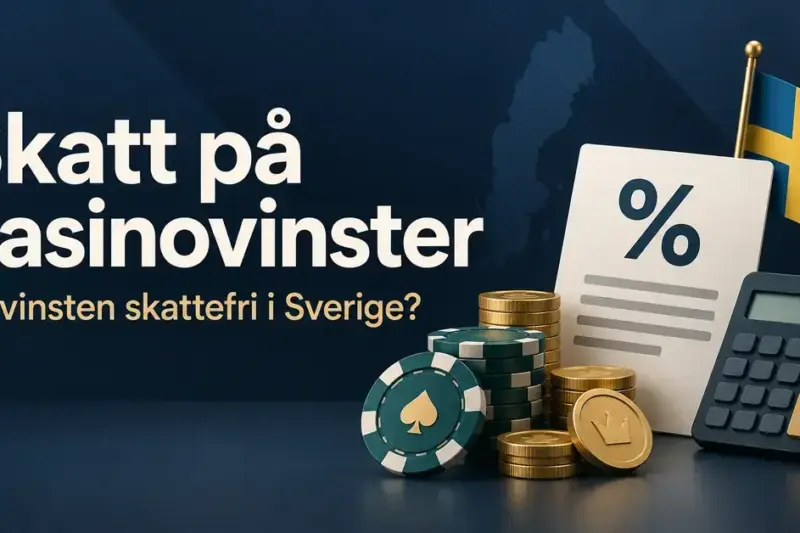 Illustration om skatt på casinovinster i Sverige med spelmarker, mynt, en miniräknare, ett dokument med procenttecken och svenska flaggan.