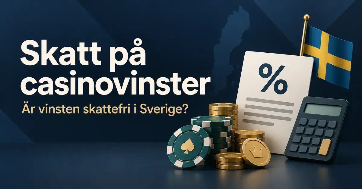 Illustration om skatt på casinovinster i Sverige med spelmarker, mynt, en miniräknare, ett dokument med procenttecken och svenska flaggan.