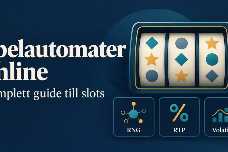 Illustration av en spelautomat med geometriska symboler och ikoner för RNG, RTP och volatilitet intill rubriken ”Spelautomater online – komplett guide till slots”.