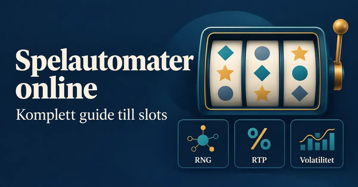 Illustration av en spelautomat med geometriska symboler och ikoner för RNG, RTP och volatilitet intill rubriken ”Spelautomater online – komplett guide till slots”.