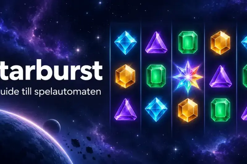 Illustration av Starburst med färgglada ädelstenar och en lysande stjärna i fem hjul mot en blåviolett rymdbakgrund.