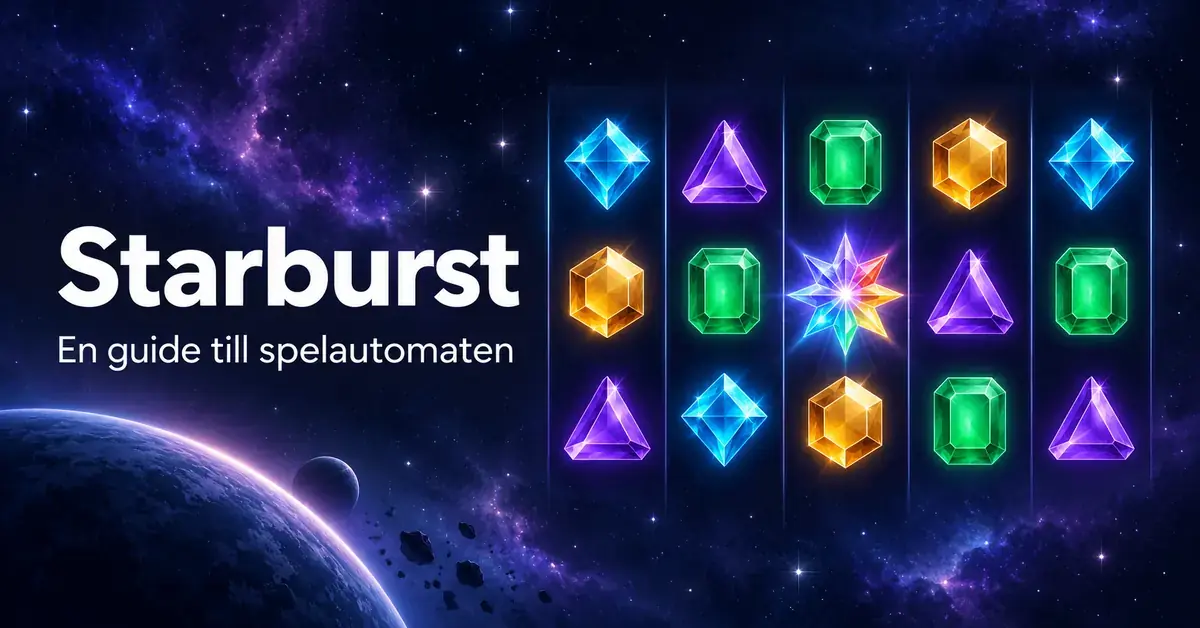 Illustration av Starburst med färgglada ädelstenar och en lysande stjärna i fem hjul mot en blåviolett rymdbakgrund.
