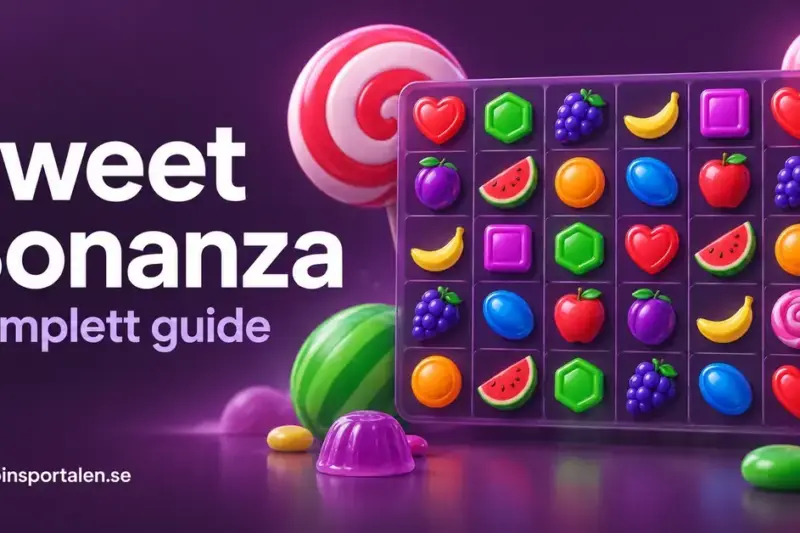 Illustration med färgglada godis- och fruktsymboler i ett rutnät med sex kolumner och fem rader samt texten ”Sweet Bonanza – Komplett guide” mot lila bakgrund.
