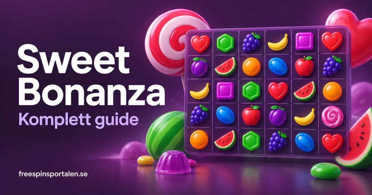 Illustration med färgglada godis- och fruktsymboler i ett rutnät med sex kolumner och fem rader samt texten ”Sweet Bonanza – Komplett guide” mot lila bakgrund.