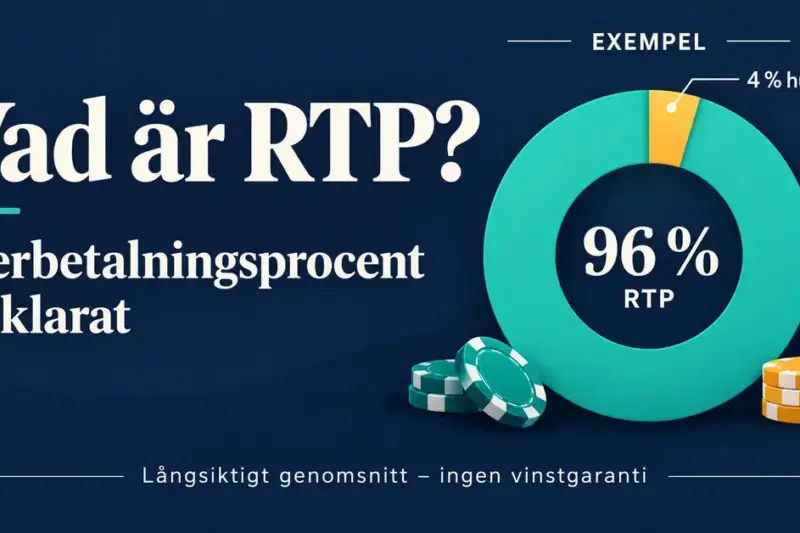 Grafik som förklarar RTP med ett cirkeldiagram där 96 procent återbetalning och 4 procent husfördel visas som exempel på ett långsiktigt genomsnitt utan vinstgaranti.