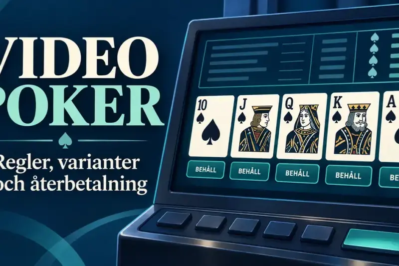 Illustration av en videopokerautomat med fem spaderkort och texten ”Video poker – regler, varianter och återbetalning”.