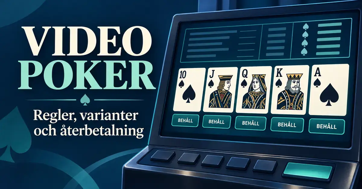 Illustration av en videopokerautomat med fem spaderkort och texten ”Video poker – regler, varianter och återbetalning”.